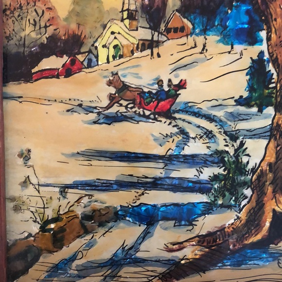 Vintage 1976 Tinsel Foil Reverse painting - winter scene - Picture 5 of 7